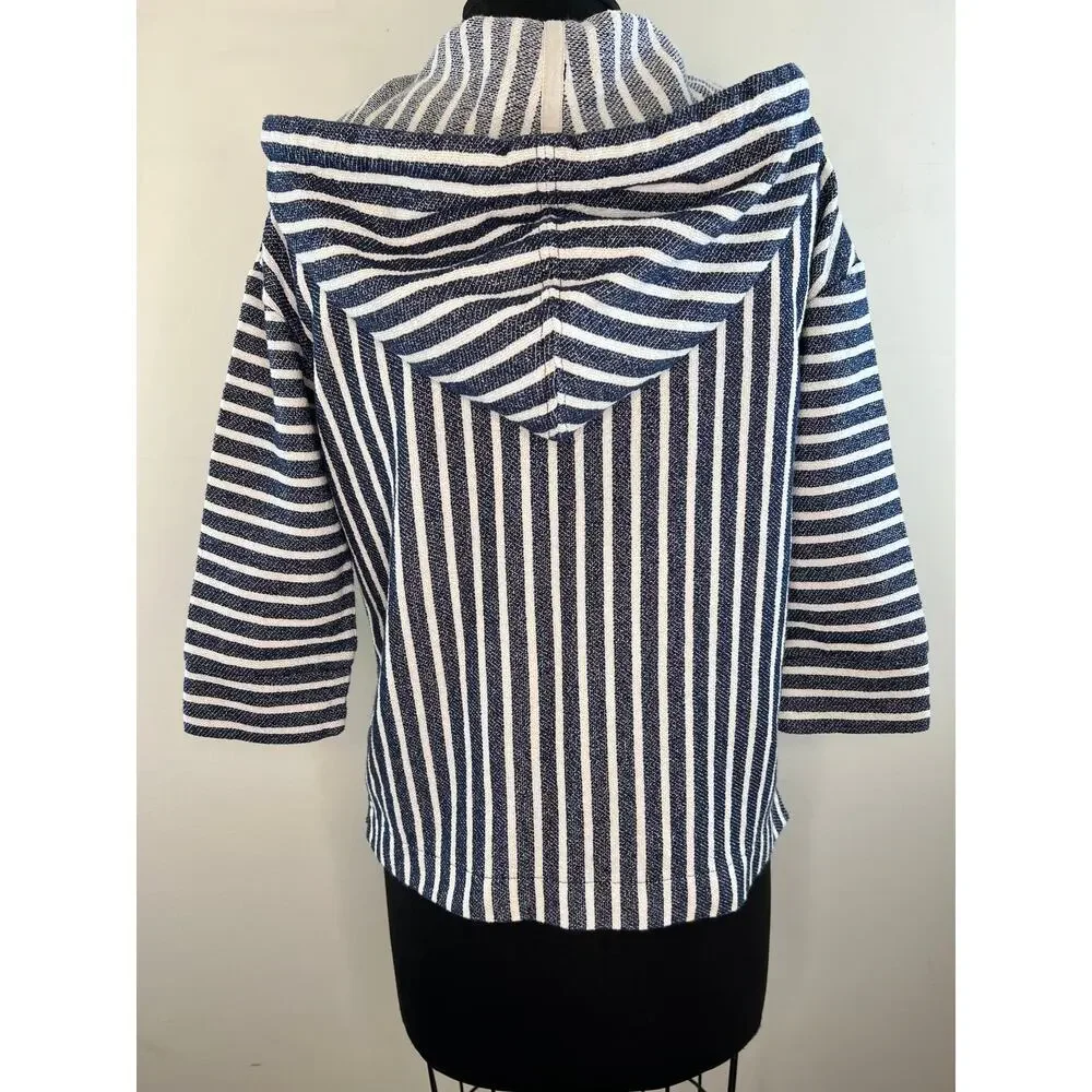 J Crew Baja Blue White Striped Terry Cotton Drawstring Hoodie Sweater B8539 XXS